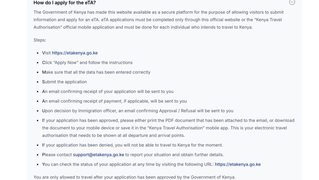 how to apply for eTA in order to go for nairobi safari walk tour from NBO Airport